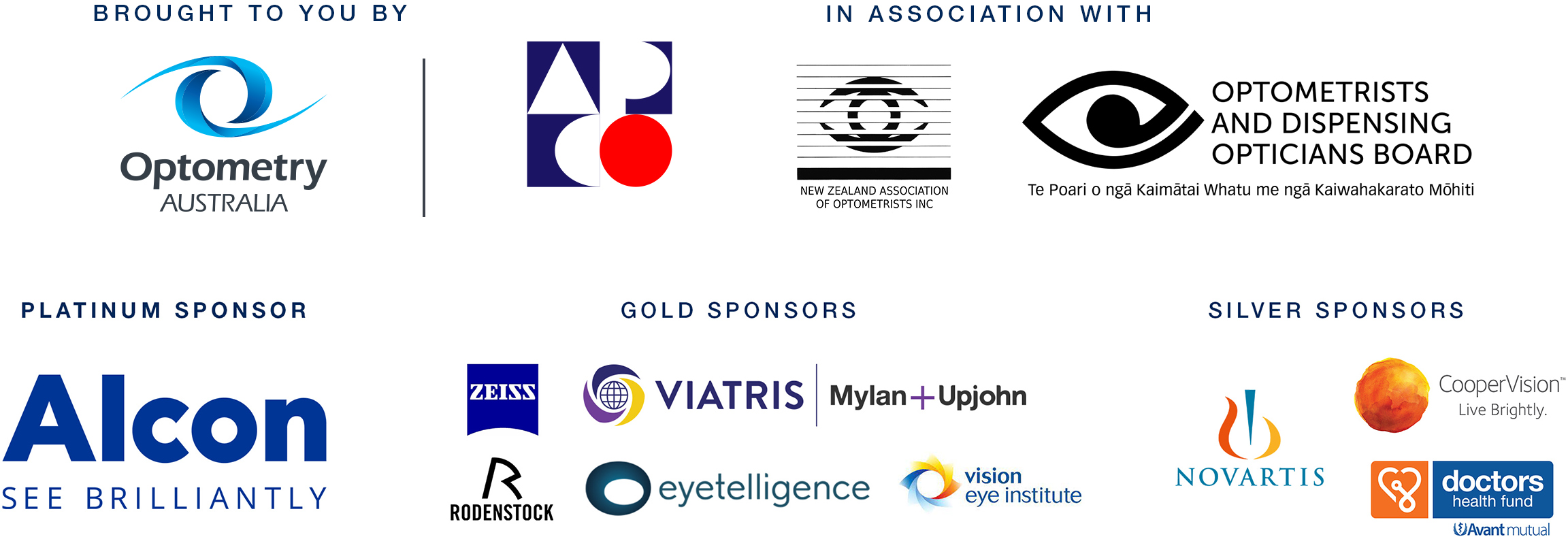 Brought to you by Optometry Australia in association with APCO, NZAO and ODOB. Platinum Sponsor: Alcon. Gold Sponsors: Zeiss, Viatris, Rodenstock, Eyetelligence, and Vision Eye Institute. Silver Sponsors: Novartis, CooperVision, and Doctors Health Fund by Avant Mutual.