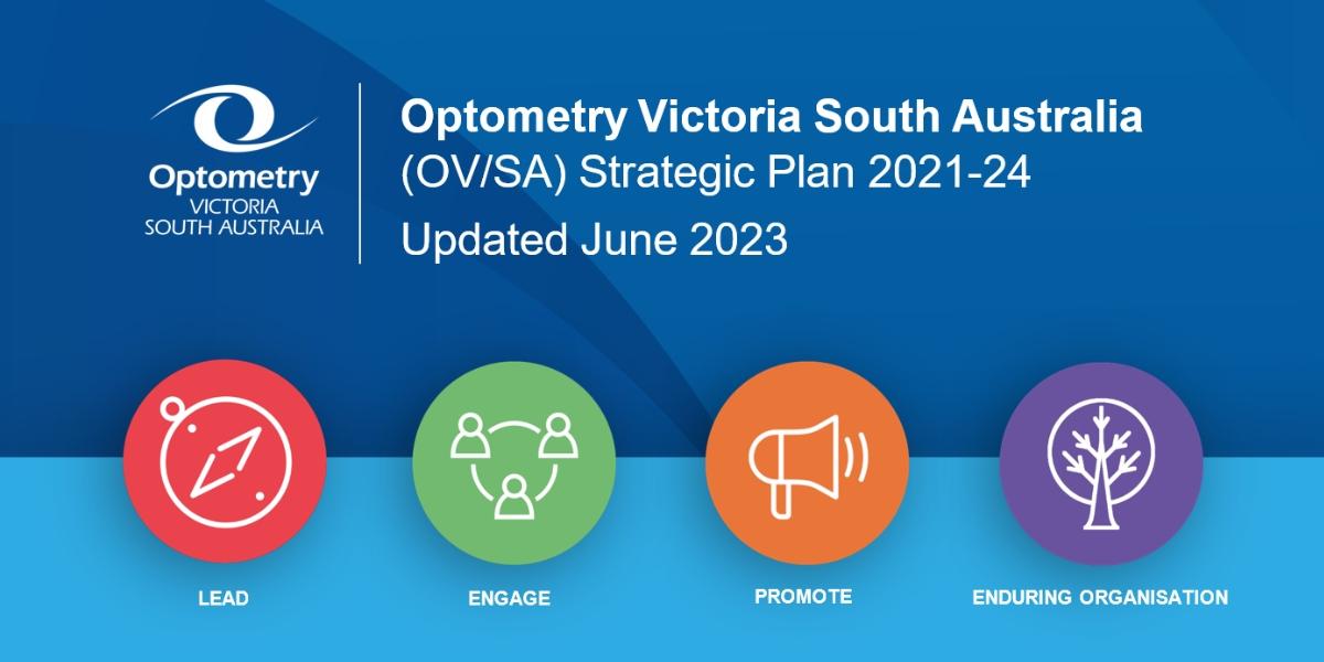 optometry victoria south australia strategic plan graphics featuring bubbles entitled: Lead, Engage, Promote, Enduring Organisation